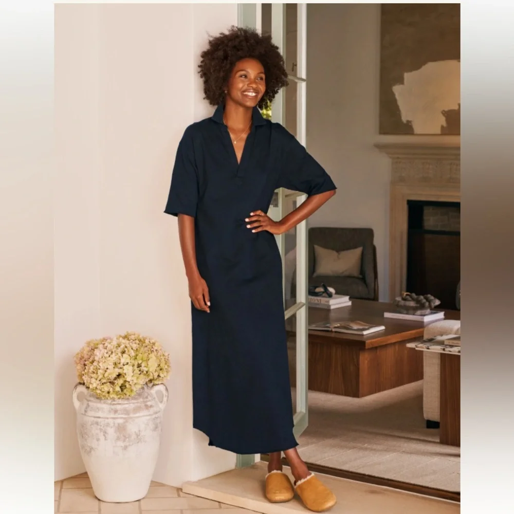 Frank & Eileen Emma Hand-Cut Raw Hem Popover Henley Maxi Dress Navy Size XS - Picture 2 of 11